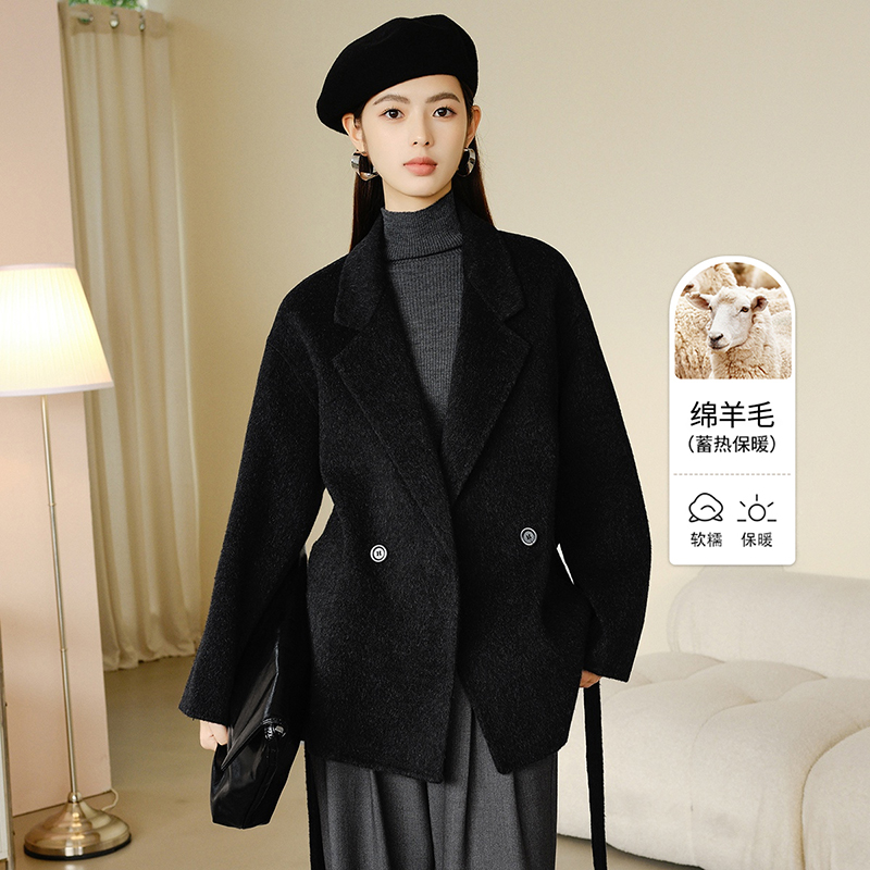 晚白秋冬新款时尚简约气质全羊毛外套高级感双面呢大衣女