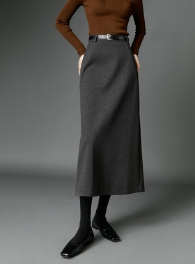 晚白2025秋冬新款法式高级感气质灰色半裙直筒裙毛呢半身裙长裙女
