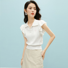 晚白2025年夏新款时尚小个子气质短上衣莱赛尔花边袖针织短袖女
