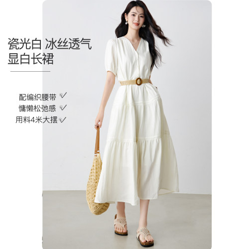 晚白系带V领高腰大摆连衣裙