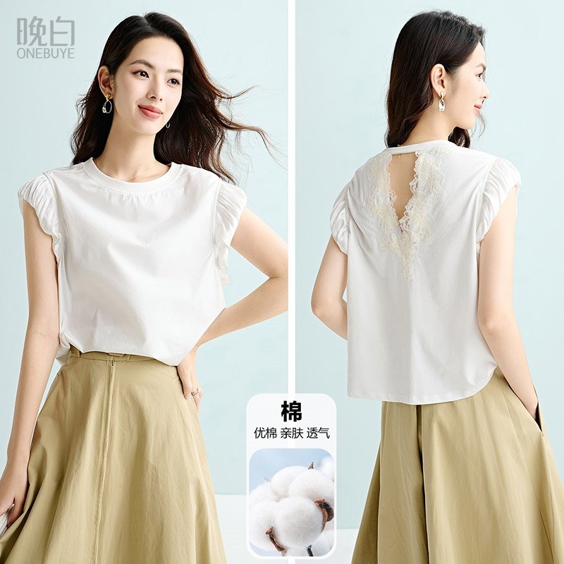 晚白2026年春新款时尚简约白色荷叶边短宽松亲肤棉质T恤衫女