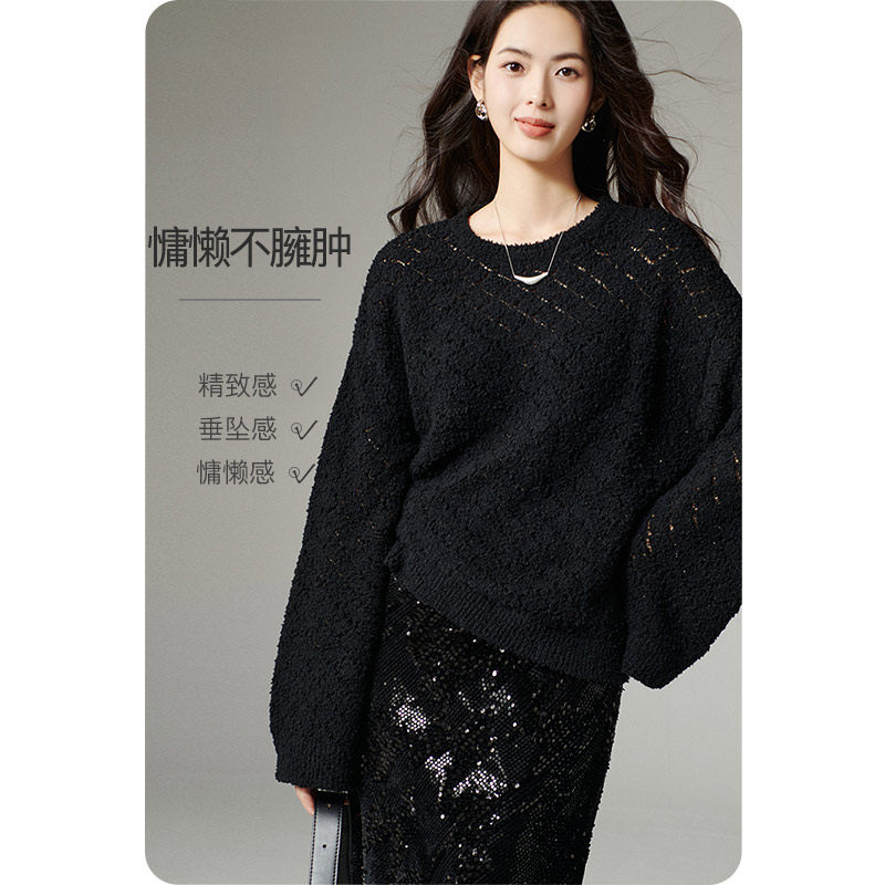 晚白2026年春新款时尚简约休闲毛衣慵懒随性柔软舒适大码针织衫女