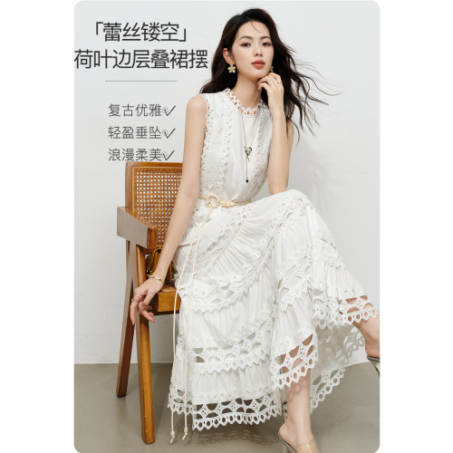 晚白冰丝白色无袖连衣裙镂空蕾丝