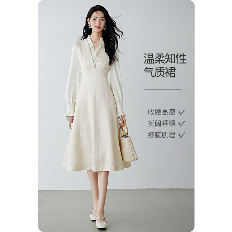 晚白2026年春新款简约优雅V领裙子收腰显瘦时尚百搭无袖连衣裙