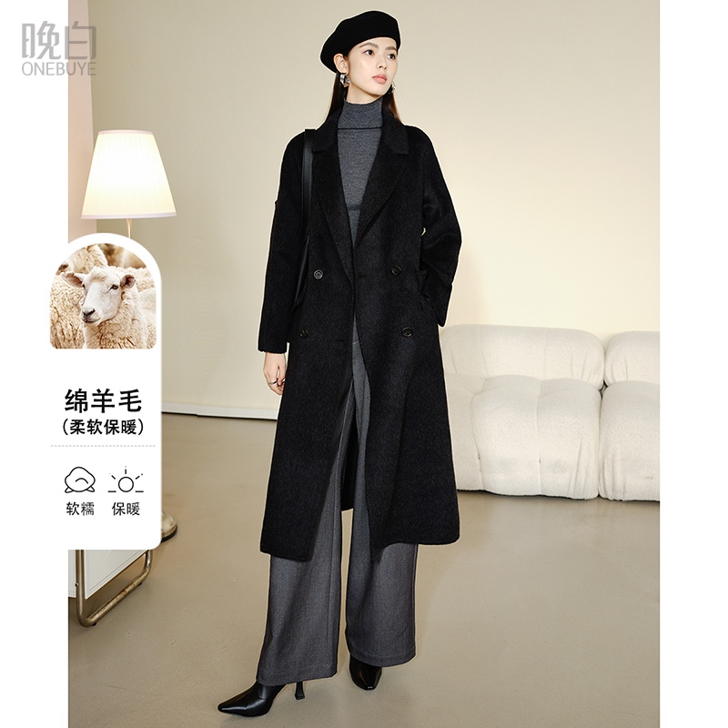 晚白秋冬时尚简约通勤厚外套长款韩系全绵羊毛双面呢大衣女