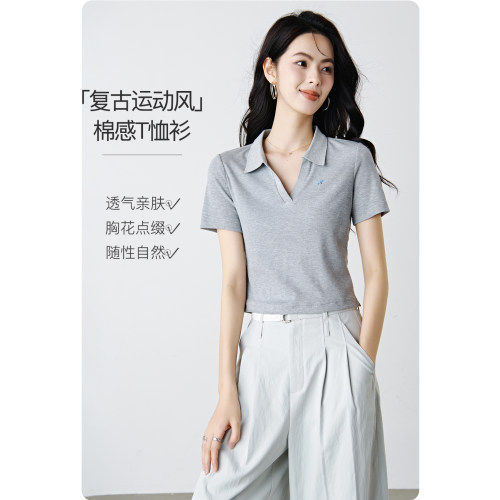 晚白冰丝棉灰色T恤女miu系polo衫