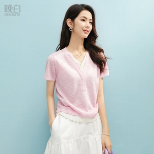 晚白2025年夏新款 女 欧若风简约气质上衣休闲假两件减龄针织短袖