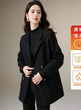 晚白2025年冬新款经典翻领黑色夹棉西装外套阔形显瘦羊毛大衣女