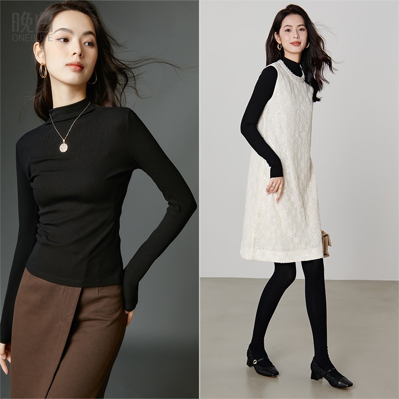 晚白纯色高弹立领减龄打底衫