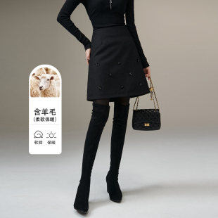 晚白秋冬新款 小A短裙 绵羊毛小个子高腰裙子纯色气质修身