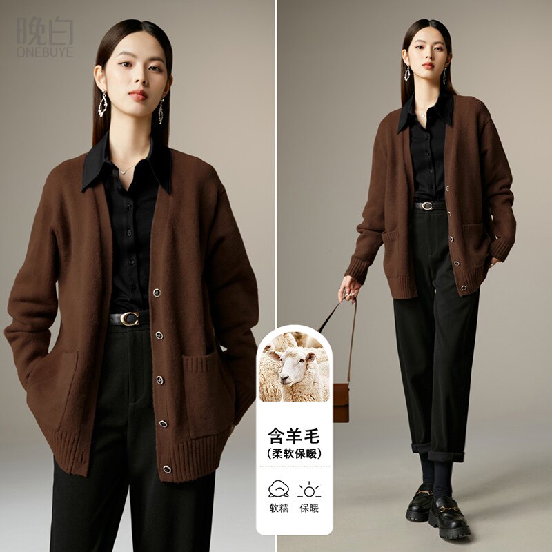 晚白2025年秋冬新款时尚简约百搭毛衣外套含羊毛宽松弹力针织衫女,女装/女士精品,短外套,淘宝优惠券,粉丝福利购,淘宝优惠卷