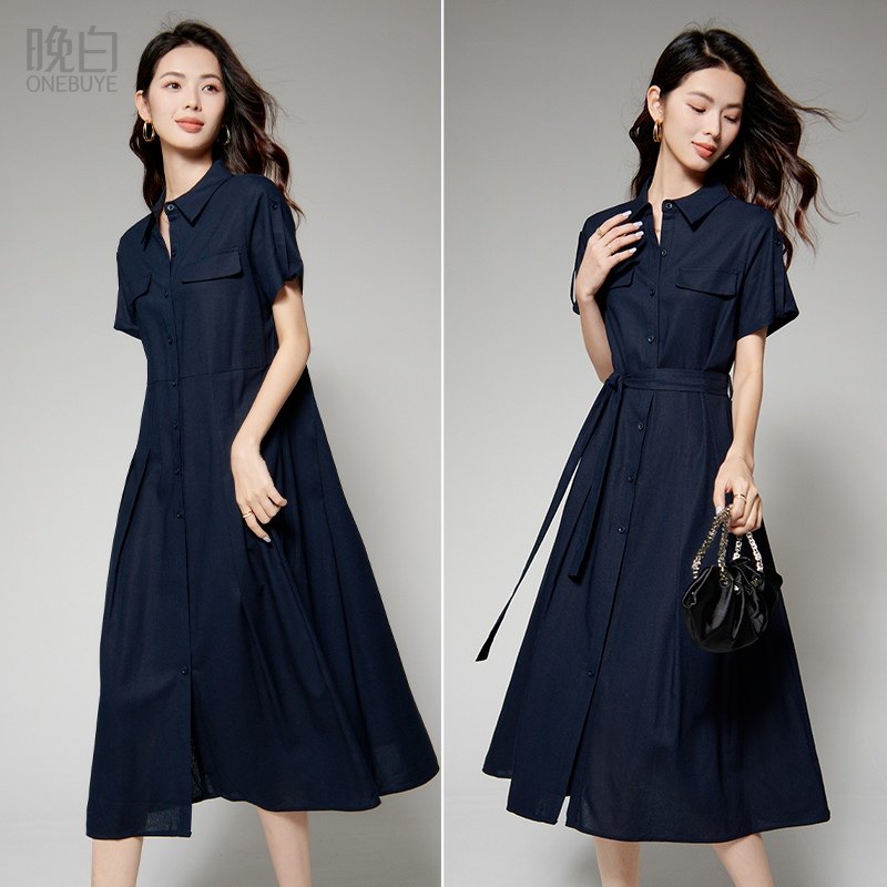 晚白2026年春新款经典翻领棉麻裙子系带收腰干练通勤短袖连衣裙