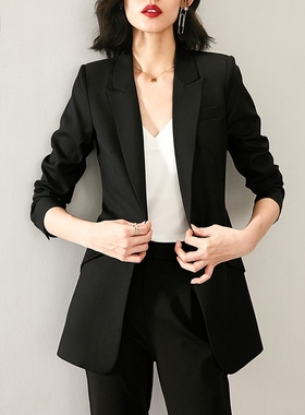 晚白2026年春新款修身显瘦黑色通勤工作服中长款正装西装外套女