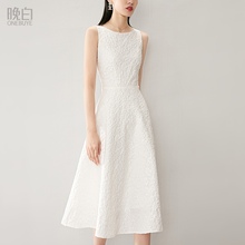 晚白夏季新款提花法式复古气质长裙修身小众小个白色子连衣裙女