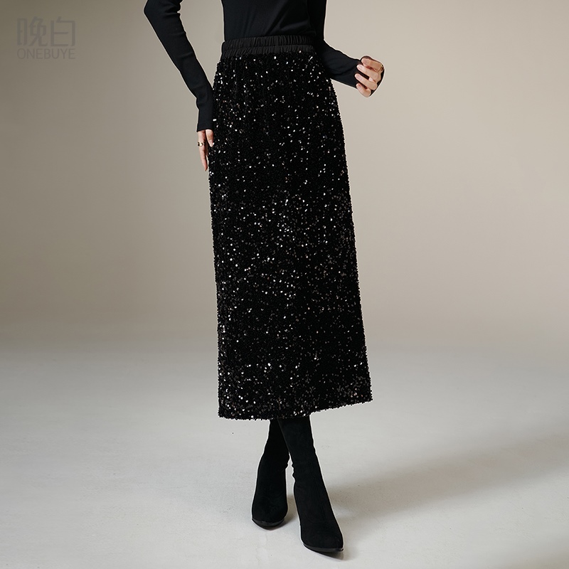 晚白纯色高腰包臀亮片连衣裙