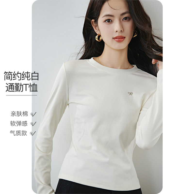 晚白2026年春新款经典圆领棉料上衣极简白棉T高级感百搭T恤衫女