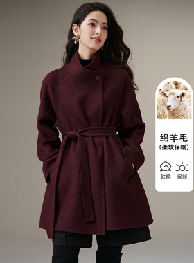 晚白2025年冬新款法式时尚气质新年复古短外套收腰系带羊毛大衣女