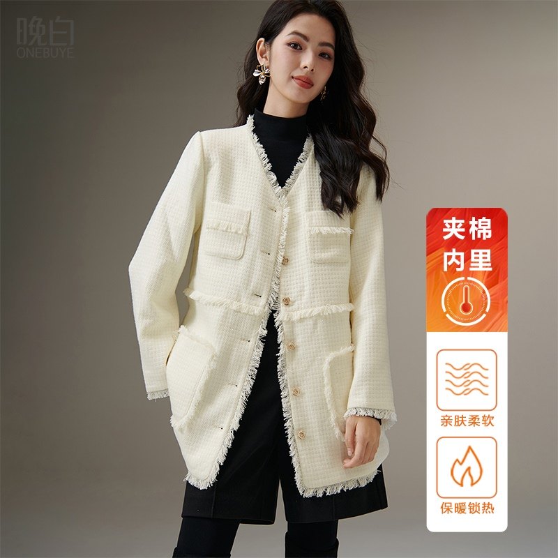 晚白2025年冬新款时尚简约轻奢优雅夹棉加厚外套休闲小香风大衣女