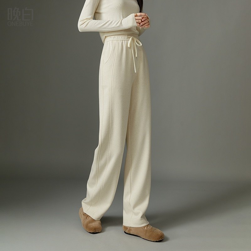 晚白2025年冬新款时尚简约百搭裤子高腰直筒系带纯色休闲裤女