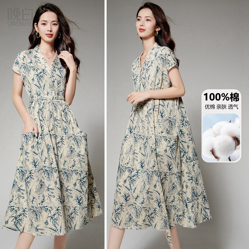 晚白2026年春新款印花全棉休闲裙子宽松大码系带收腰短袖连衣裙