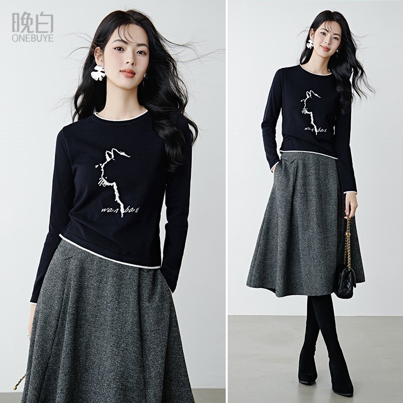 晚白2026年春新款时尚简约撞色猫咪圆领毛衣柔软舒适百搭针织衫女