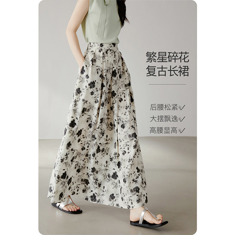 晚白2026年夏新款时尚复古印花半裙高腰带口袋长款大摆半身裙