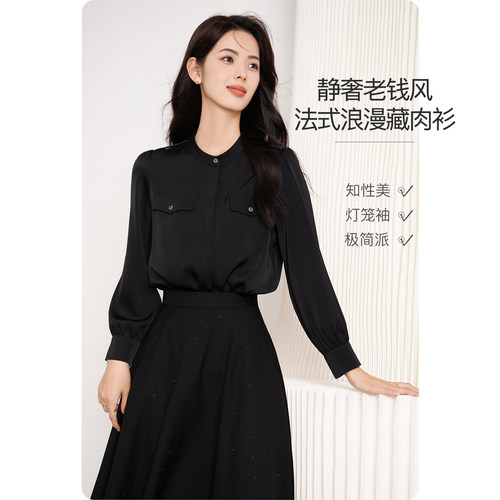 晚白干练工装衬衫女立领肩章口袋