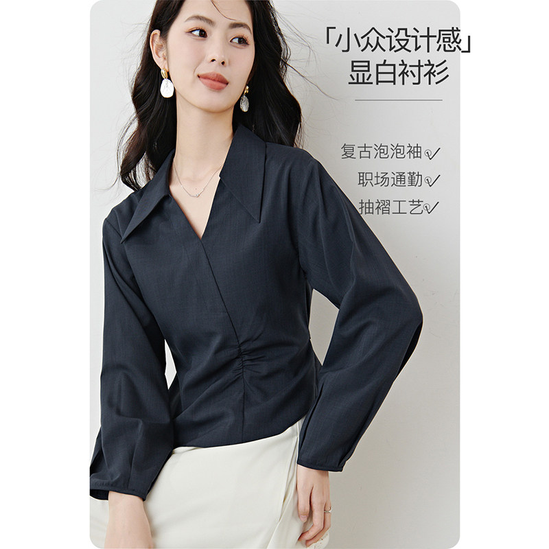 晚白纯色简约翻领通勤衬衫女图片