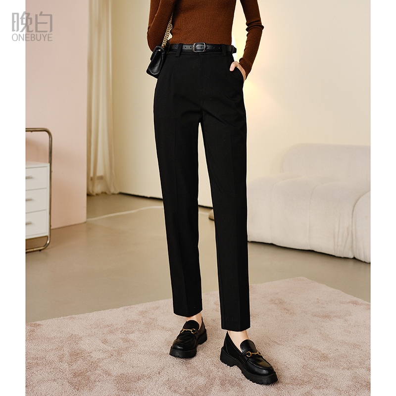 晚白纯色高腰微弹小脚西装裤