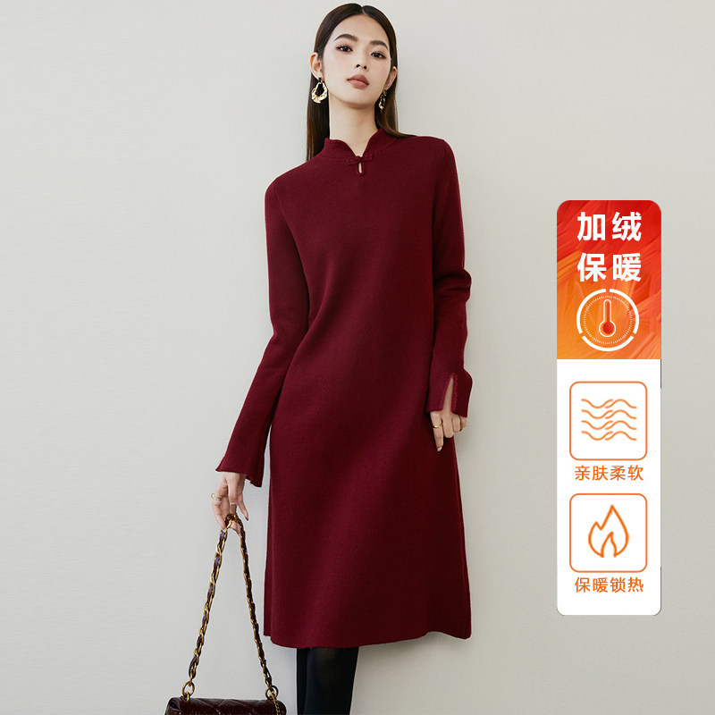 晚白2025年冬新款休闲纯色喜庆裙子百搭加绒新中式连衣裙