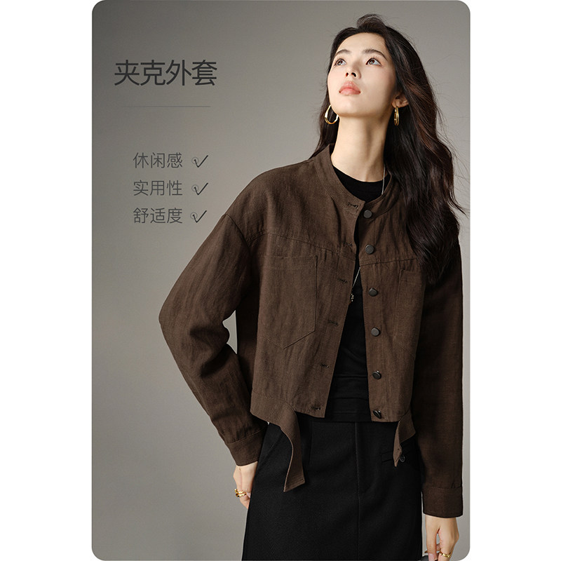 晚白2026年春新款立领莱赛尔亚麻上衣百搭休闲大码短夹克外套女