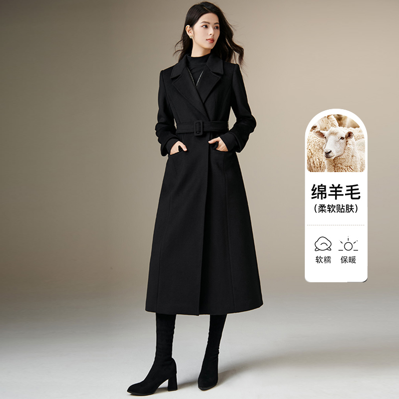 晚白经典西装领羊毛大衣女