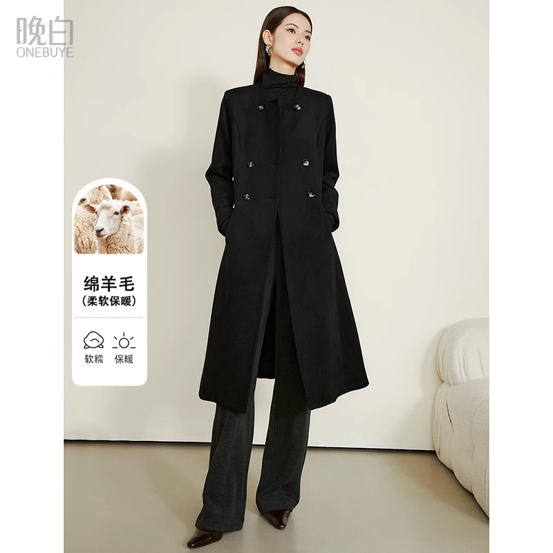 晚白秋冬时尚简约气质厚外套休闲高级感通勤长款绵羊毛大衣女