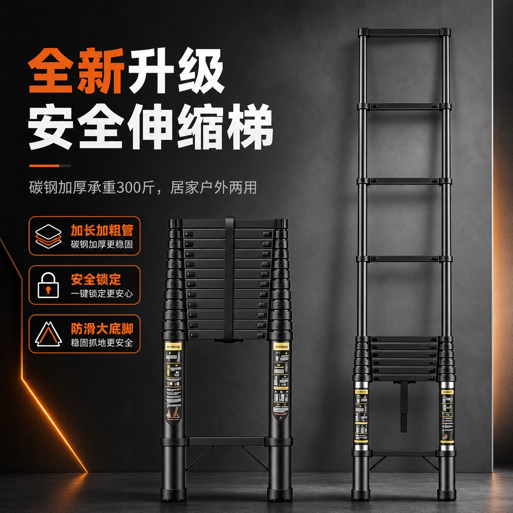 声雨竹碳钢人字梯子伸缩加厚折叠多功能家用工程升降便携楼梯子