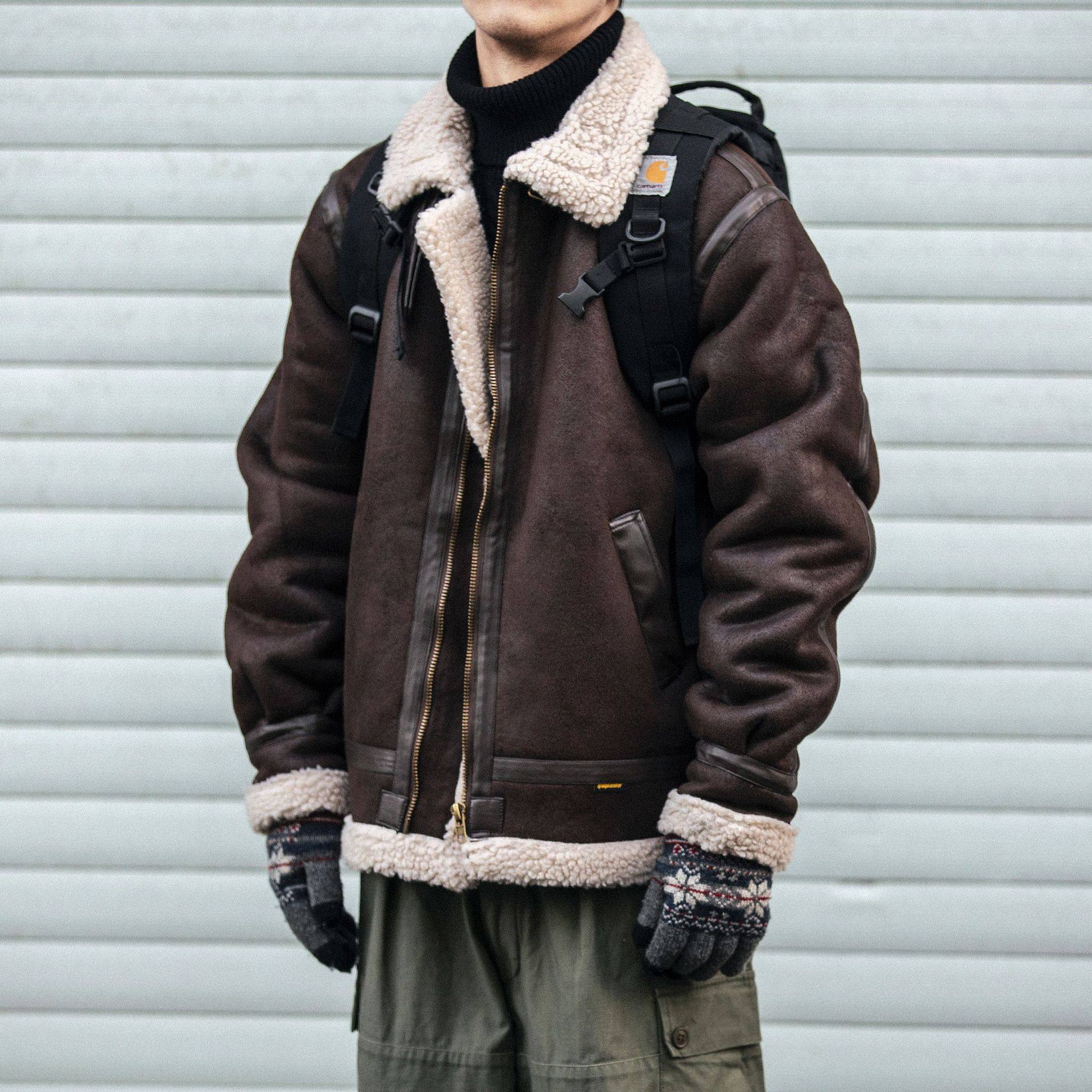 秋冬麂皮绒机车夹克棉服男潮牌羊羔绒皮毛一体保暖棉衣外套棉袄