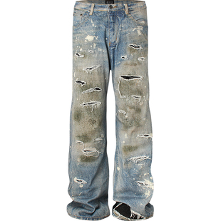 印花破洞补丁宽松baggy牛仔长裤 PunkFK2021m直筒a字版 型康利数码