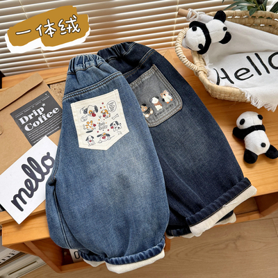 儿童全棉砂洗加绒加厚牛仔裤软