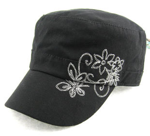 儿童帽子春夏新款女童平顶帽银线刺绣花黑色透气舒适鸭舌帽子