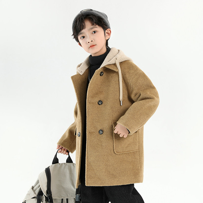 男童秋冬毛呢夹棉加厚连帽大衣