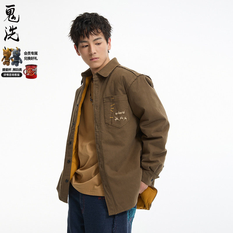 ONIARAI/鬼洗黑标石器时代同乐壁画印花夹棉衬衫外套男式 A340008