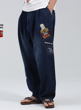 oniarai鬼洗丘比联名棒系列达摩虎印绣花男士牛仔裤潮牌男21N4402