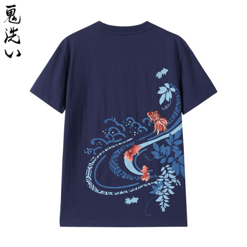 ONIARAI/鬼洗26春夏新品泥棒蓝紫藤金鱼绣花短袖T恤男 N24U801