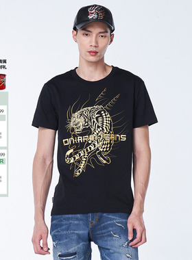 oniarai鬼洗 春季虎年印绣花黑金男士短袖T恤男 W830046