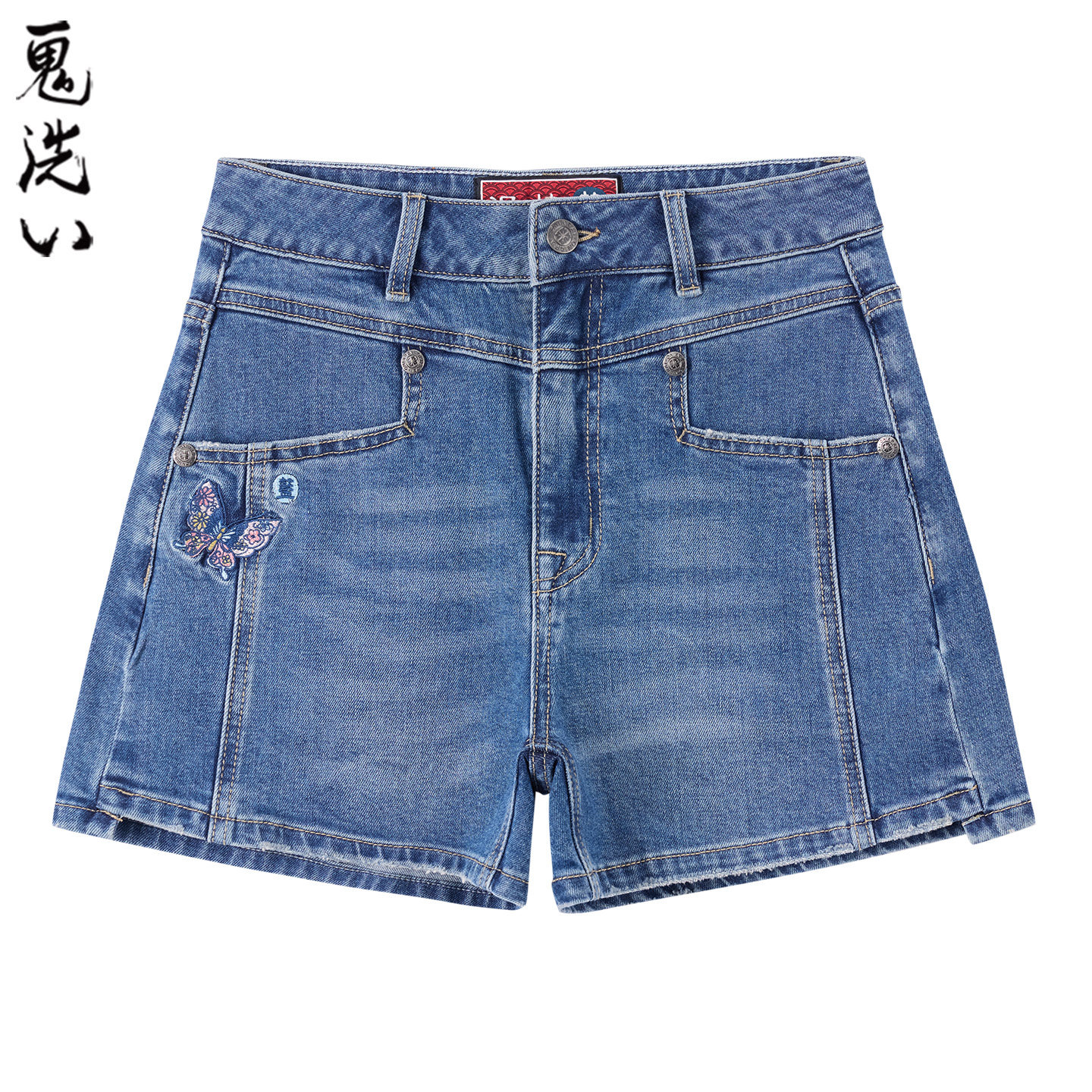 ONIARAI/鬼洗26春夏泥棒蓝女款蝴蝶花丛绣花高腰牛仔短裤 26N0543