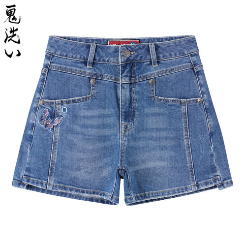 ONIARAI/鬼洗26春夏泥棒蓝女款蝴蝶花丛绣花高腰牛仔短裤 26N0543