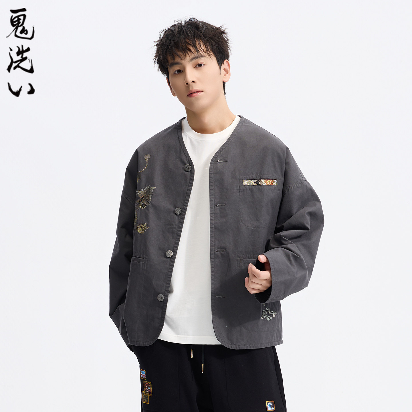 ONIARAI/鬼洗26春季泥棒蓝葫芦金鱼同色刺绣复古V领外套男N340253
