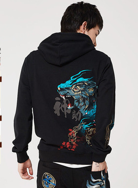 oniarai鬼洗春夏新品男外套泥棒蓝火狼连帽套头卫衣男 N24159