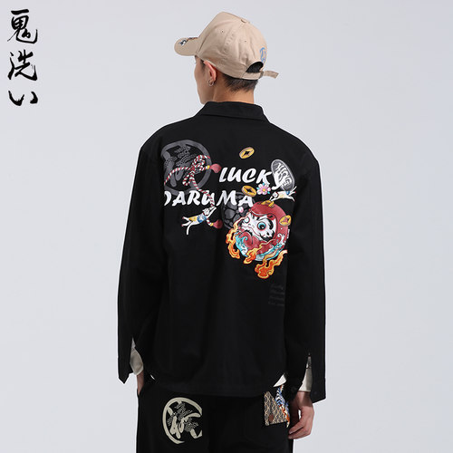 ONIARAI/鬼洗AW潮牌棒系列火烧达摩印绣花男士衬衫外套 N140014