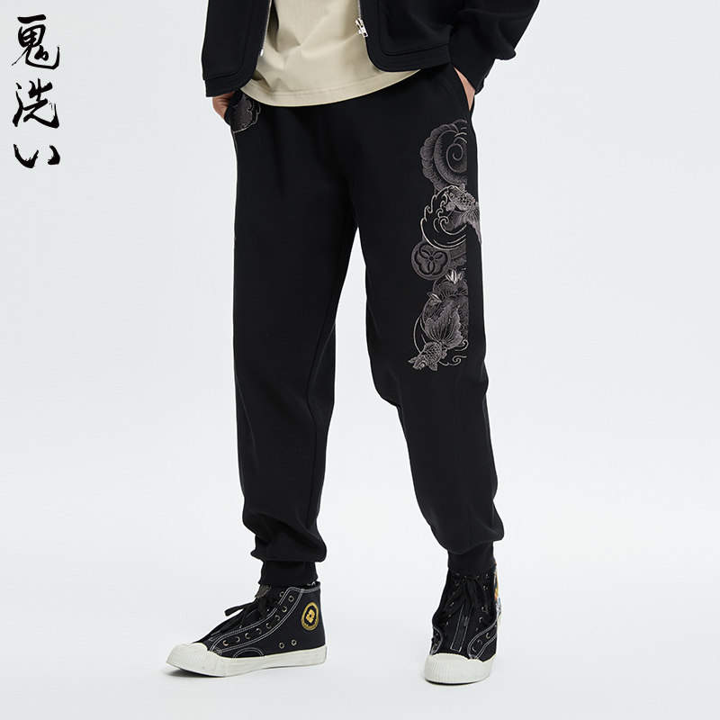 ONIARAI/鬼洗24新品泥棒蓝秋季暗影金鱼绣花男式休闲卫裤 N540156
