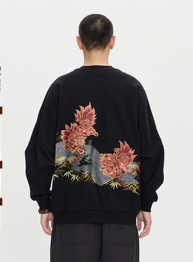 ONIARAI/鬼洗25秋冬泥棒蓝赤焰唐狮刺绣拼接卫衣男式新品 25NOB52